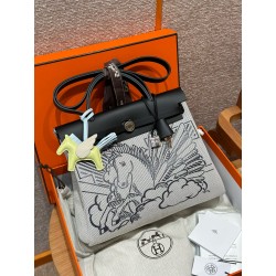에르메스 Hermes Herbag 31cm canvas and cowhide Black/silver