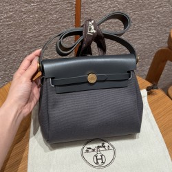 에르메스 Hermes Herbag mini 20cm canvas and cowhide ardoise ardoise/gold