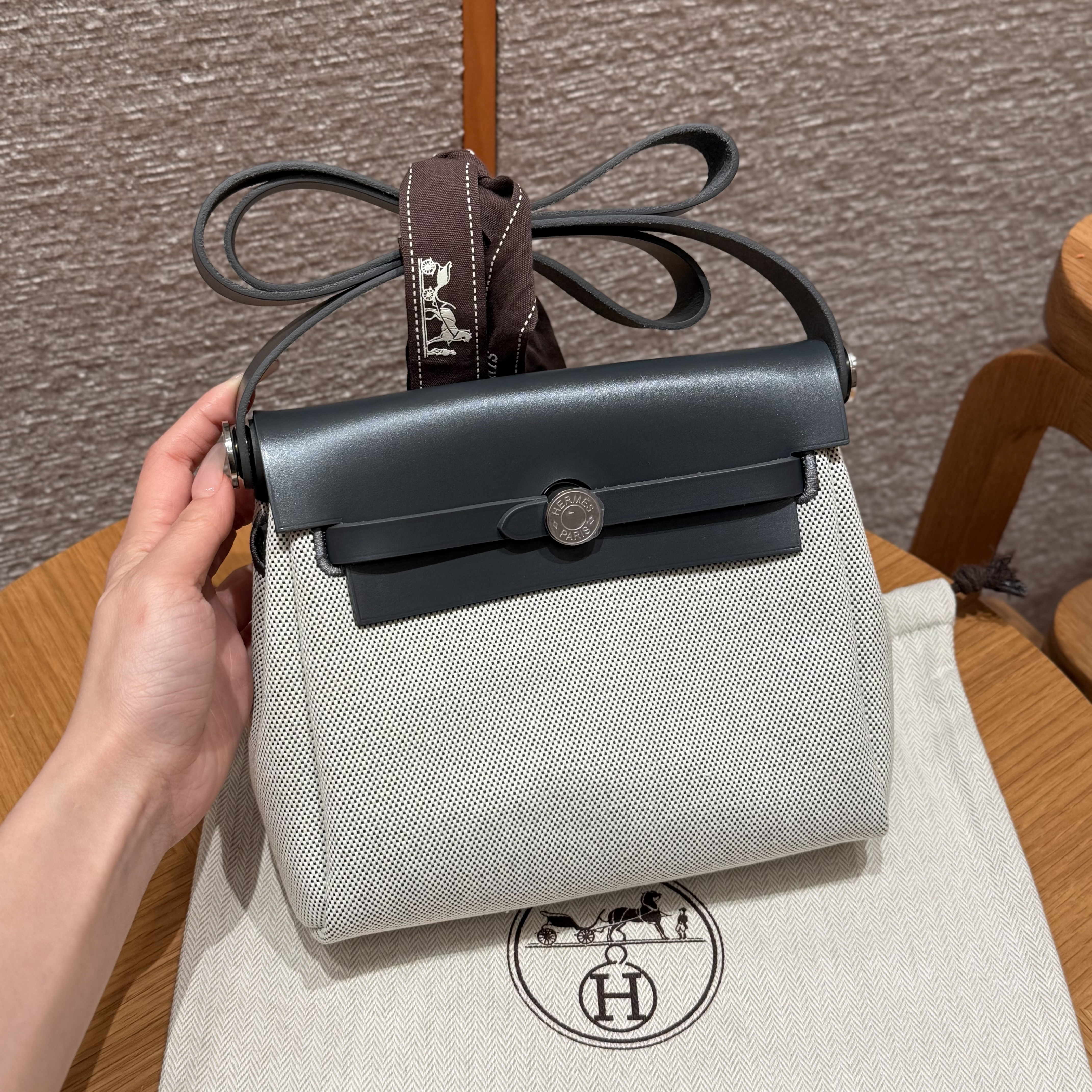 에르메스 Hermes Herbag mini 20cm canvas and cowhide ecru blue glacier ardoise/silver