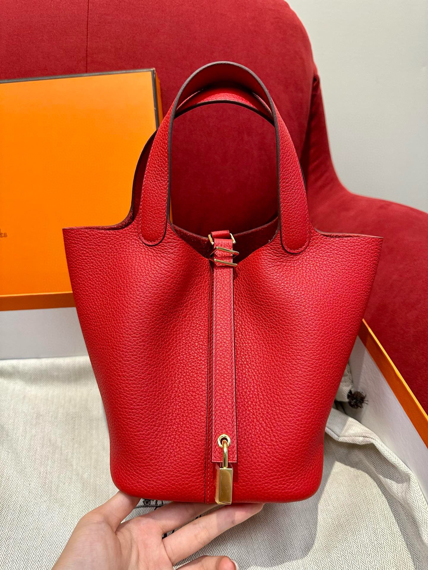 에르메스 Hermes Picotin lock 18cm clemence S5 Rouge Casaque/gold