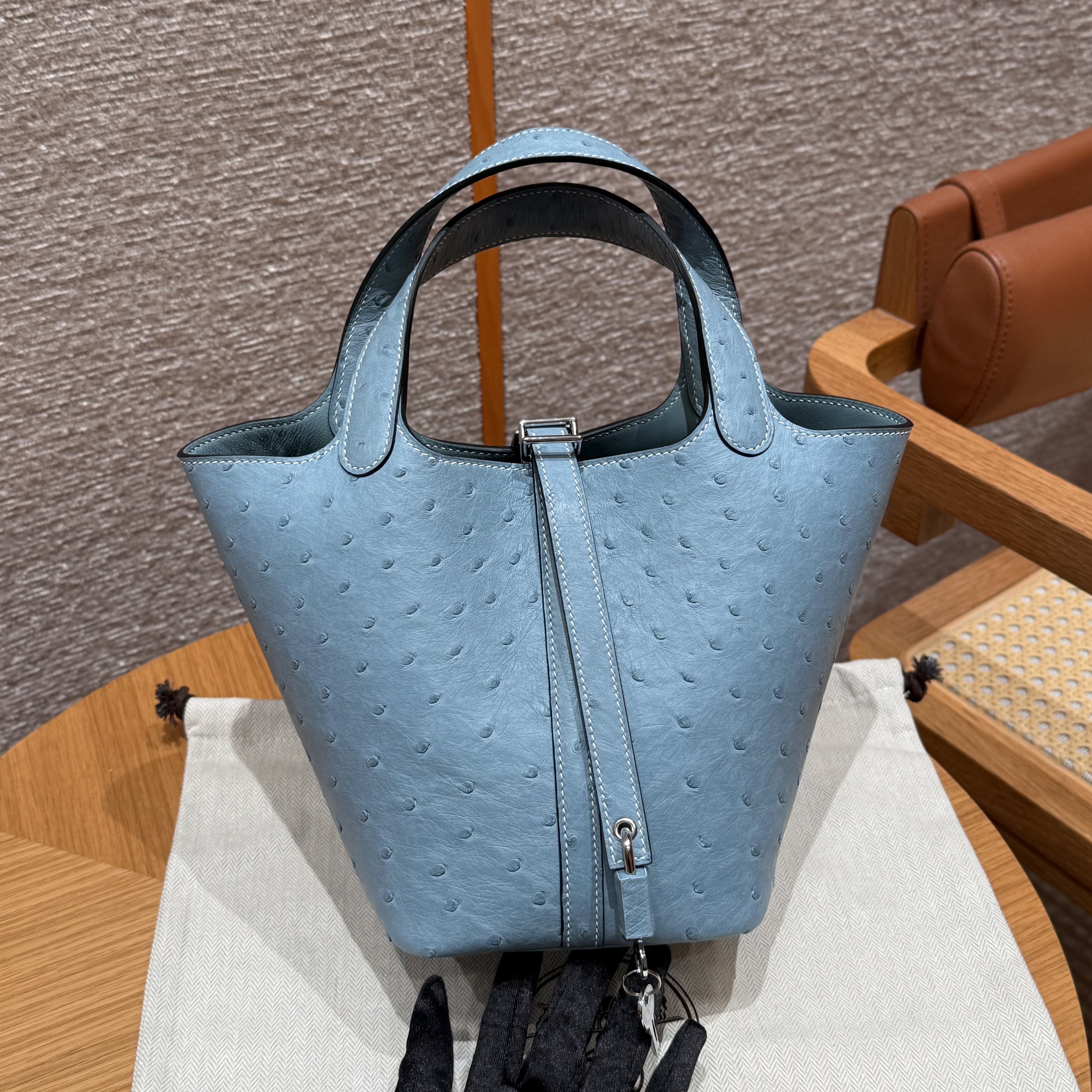 에르메스 Hermes Picotin lock 18cm KK ostrich 75 Blue Jean/silver
