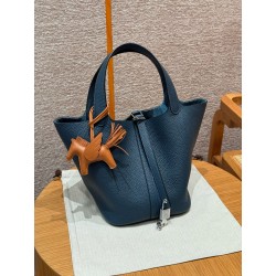 에르메스 Hermes Picotin lock 22cm clemence 7P Blue presse/silver