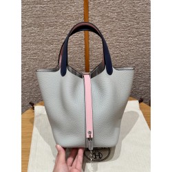 에르메스 Hermes Picotin lock 22cm clemence 08 Blue 3Q Rose Sakura 73 Blue saphir/silver