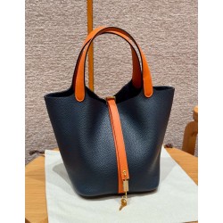 에르메스 Hermes Picotin lock 22cm clemence and Swift 2Z Blue nuit and 93 Orange/gold