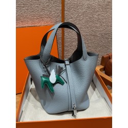 에르메스 Hermes Picotin lock 22cm clemence J7 Blue Jin/silver