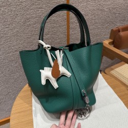 에르메스 Hermes Picotin Touch 22cm clemence and Bright U4 Vert vertigo and 6Q Vert Emeraude/silver