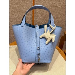 에르메스 Hermes Picotin lock 22cm KK ostrich 7Q Blue Mykonos/gold