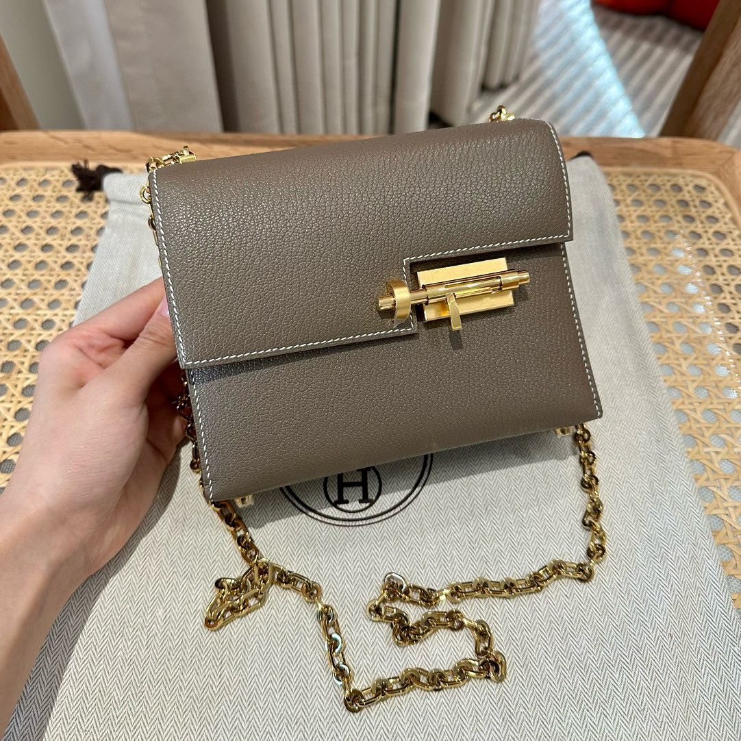 에르메스 Hermes Verrou 17cm Chèvre 18 Etoupe/gold