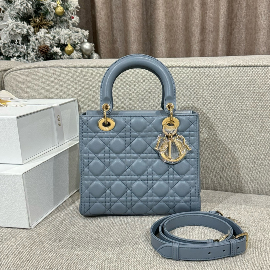 디올 Dior Lady 24cm 탑 핸들백 Light blue