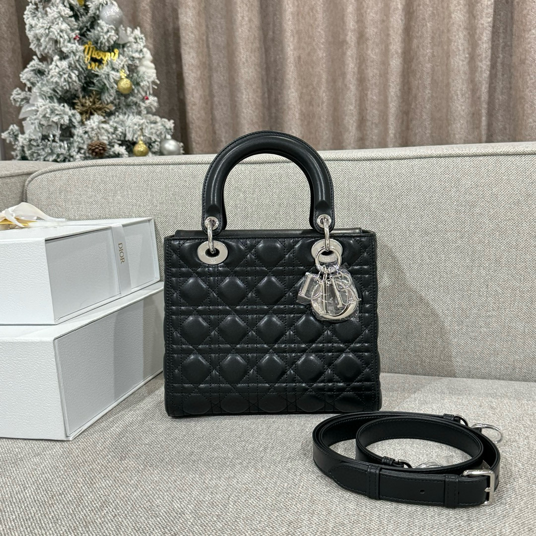 디올 Dior Lady 24cm 탑 핸들백 Black