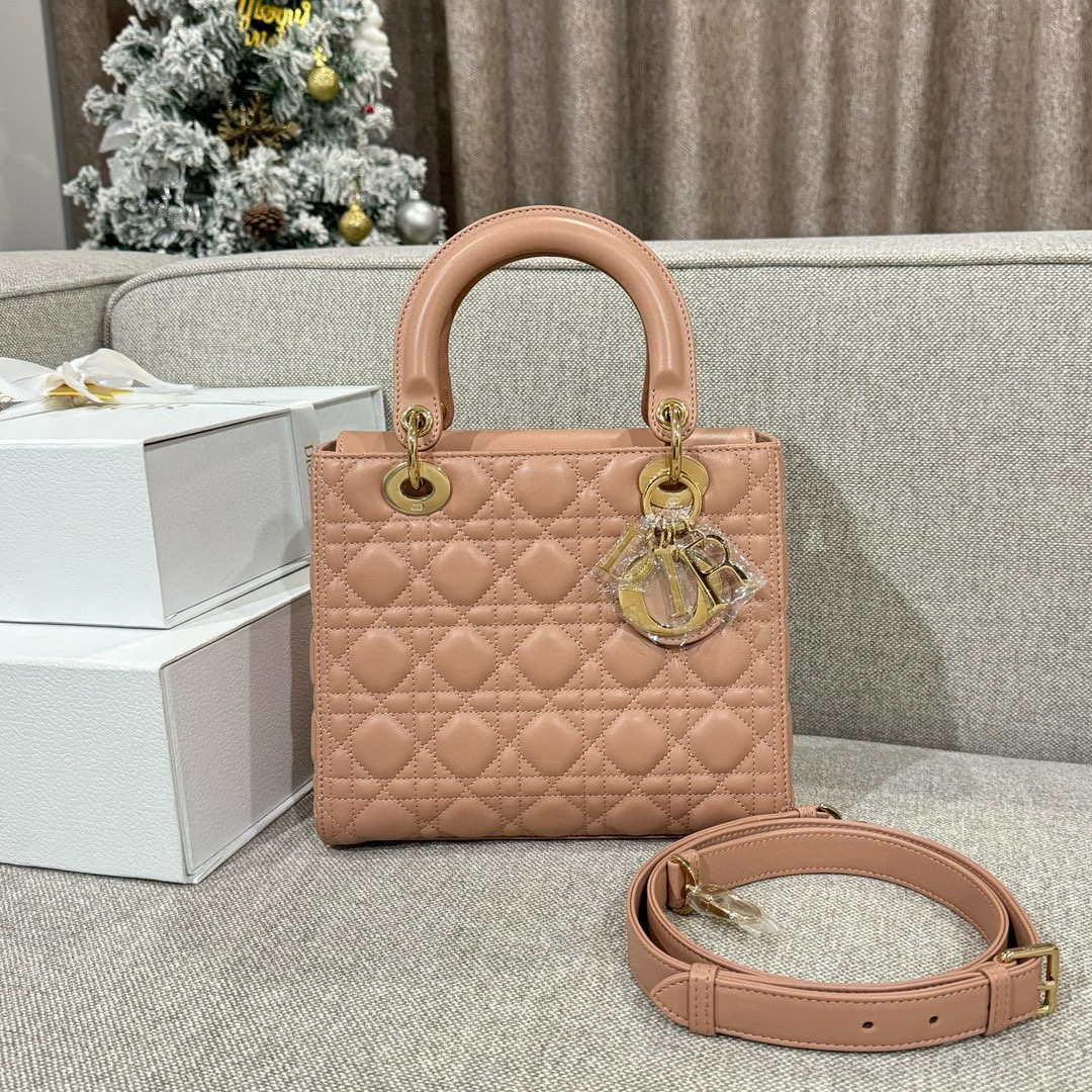 디올 Dior Lady 24cm 탑 핸들백 Milk tea color