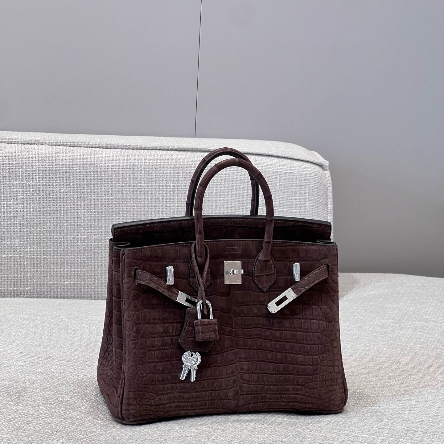 에르메스 Hermes Brikin 25cm France Hcp Porosus crocodile 46 Ebene/silver