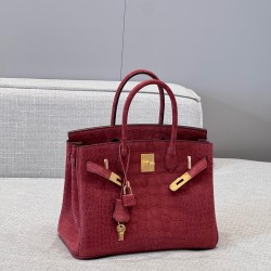 에르메스 Hermes Brikin 30cm France Hcp Porosus crocodile 55 Rouge H/gold