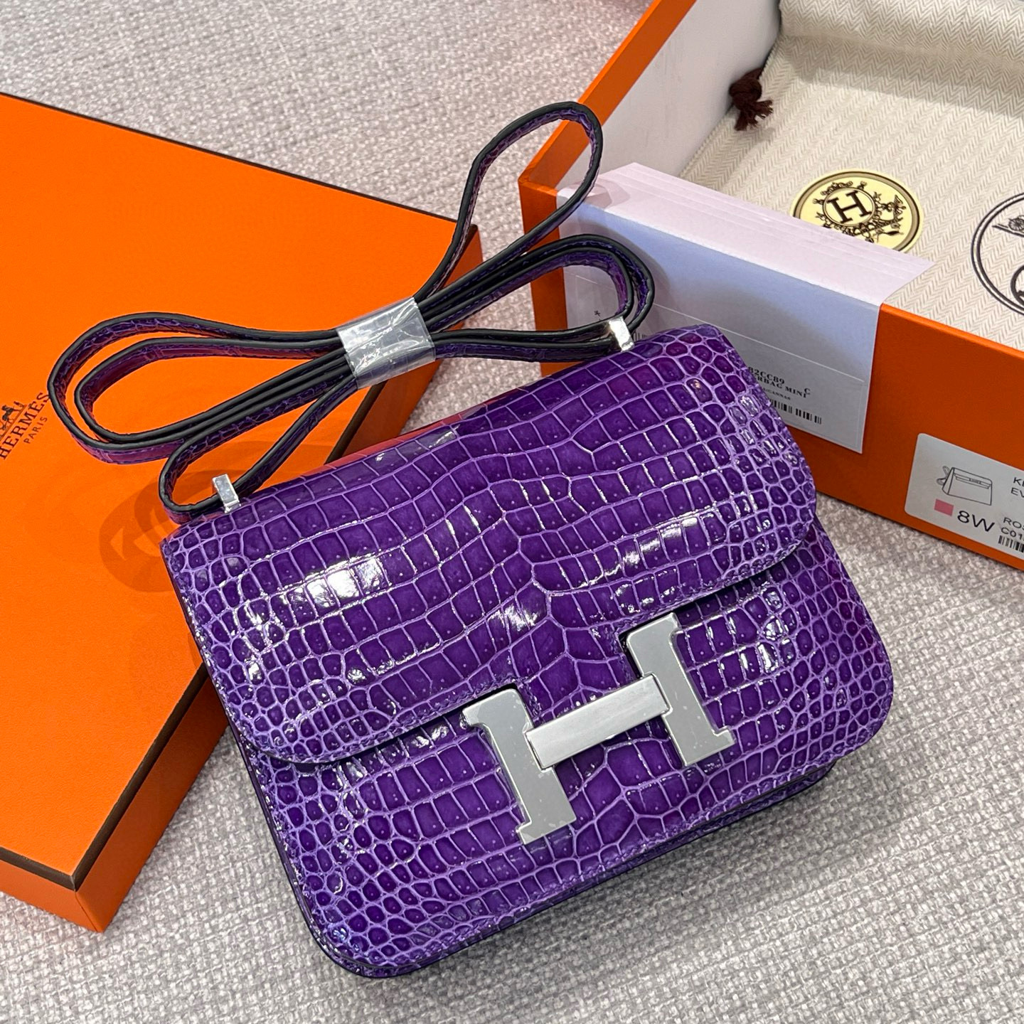 에르메스 Hermes Constance 19cm France Hcp Porosus crocodile 9G Amethyst/silver