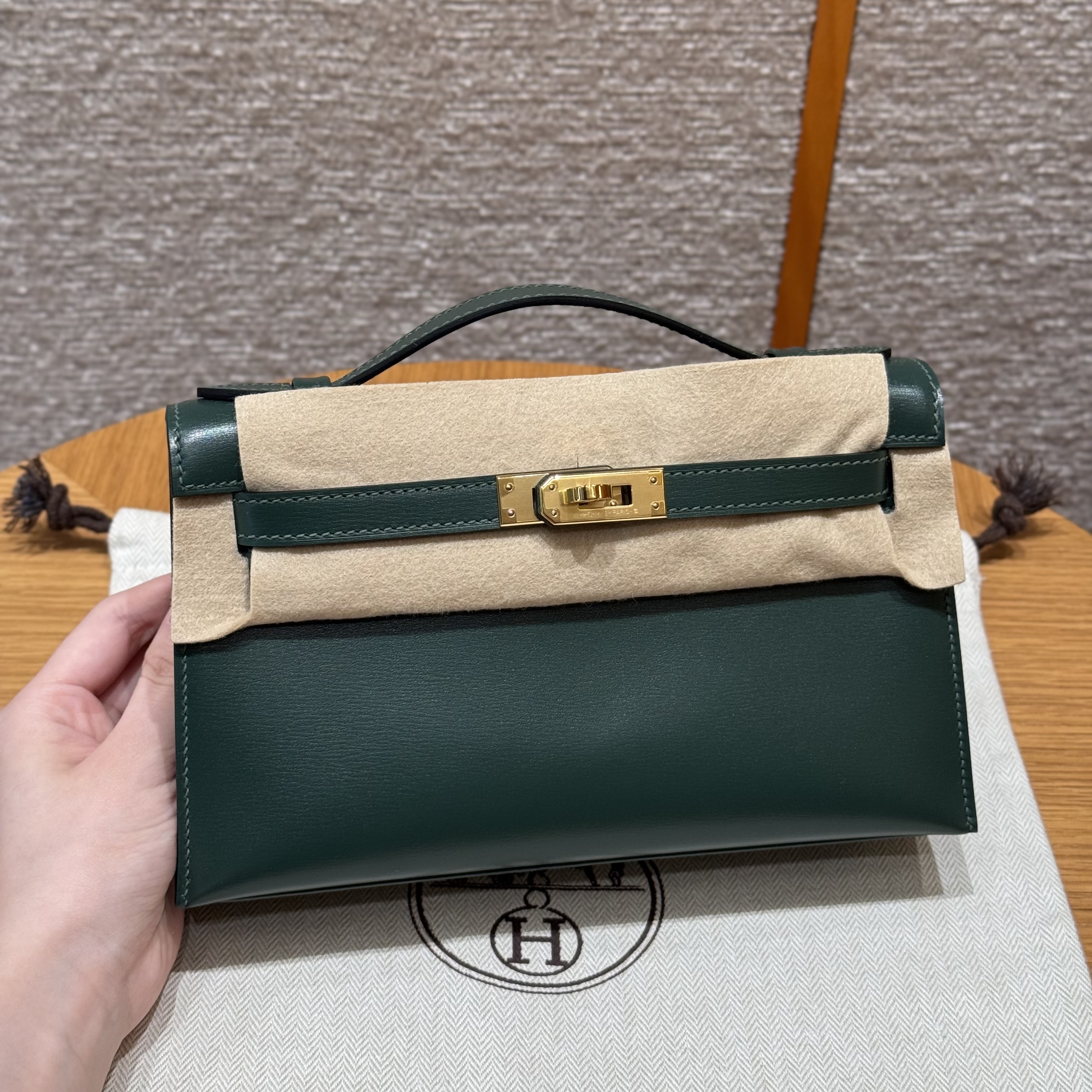 에르메스 Hermes Kelly Pochette 22cm Box 60 Vert pochette/gold