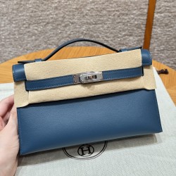에르메스 Hermes Kelly Pochette 22cm Swift 7P Blue de presse/silver
