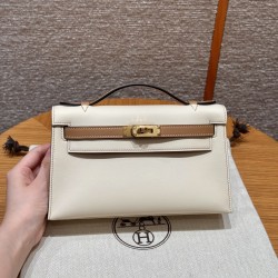 에르메스 Hermes Kelly Pochette 22cm Swift i2 Nata and 4B Biscuit/gold