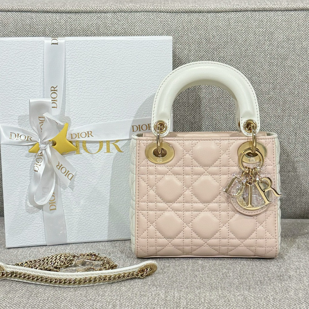 디올 Dior Mini Lady Dior Bag White/pink 17cm