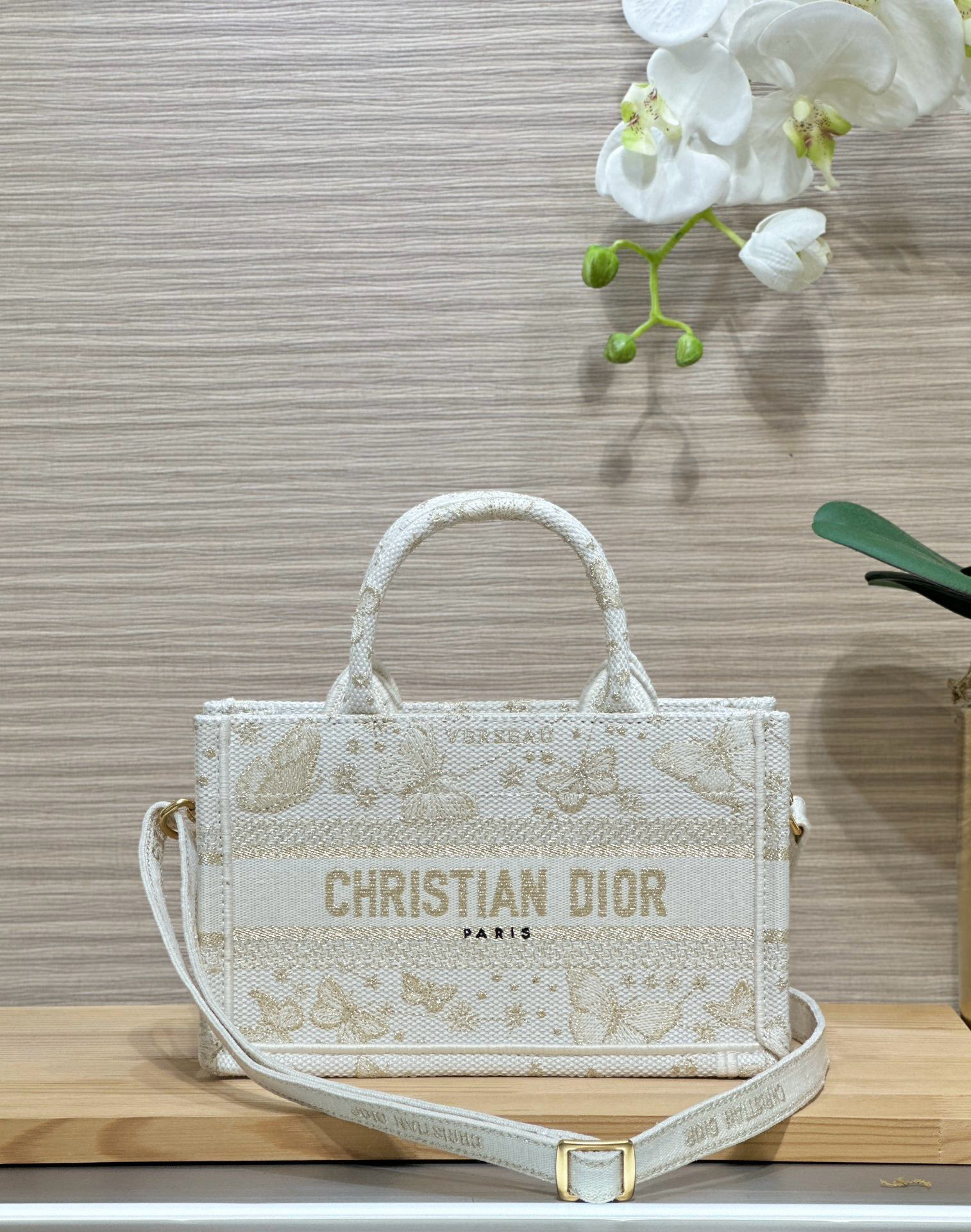 디올 Dior Mini Dior Book Tote with Strap Gold Tone White Butterfly Zodiac 21.5cm