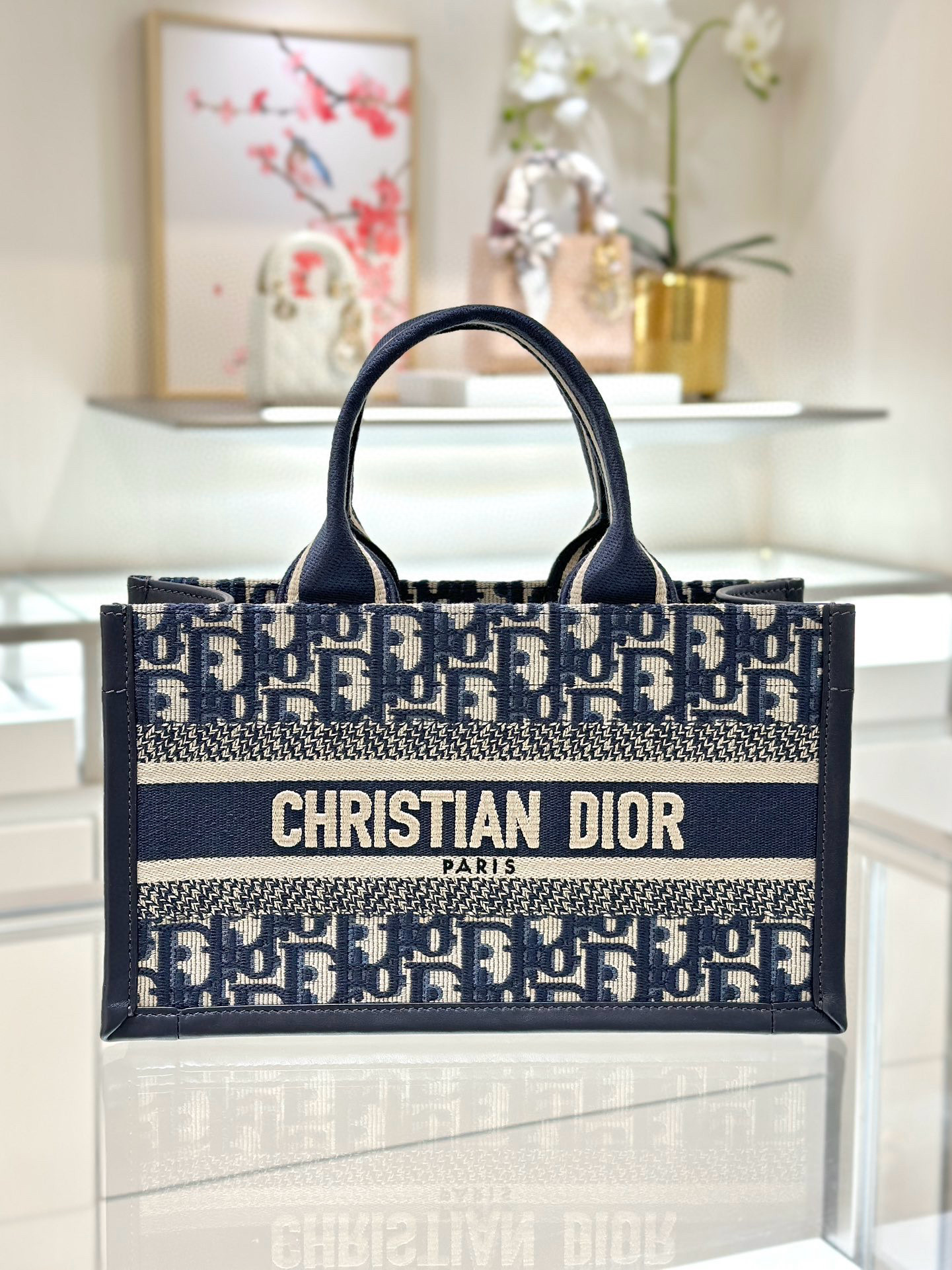 디올 Dior Mini Dior Book Tote Oblique Jacquard Blue 21.5cm