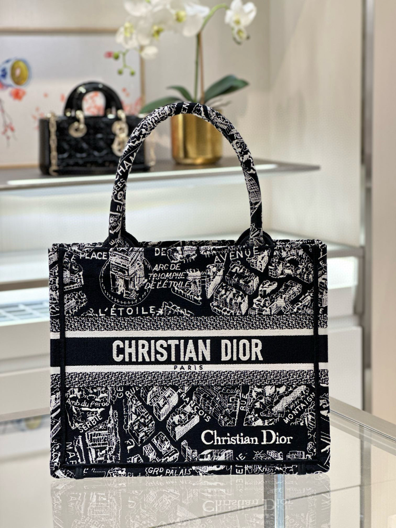 디올 Dior Small Dior Book Tote Black Plan de Paris Embroidery 26.5cm