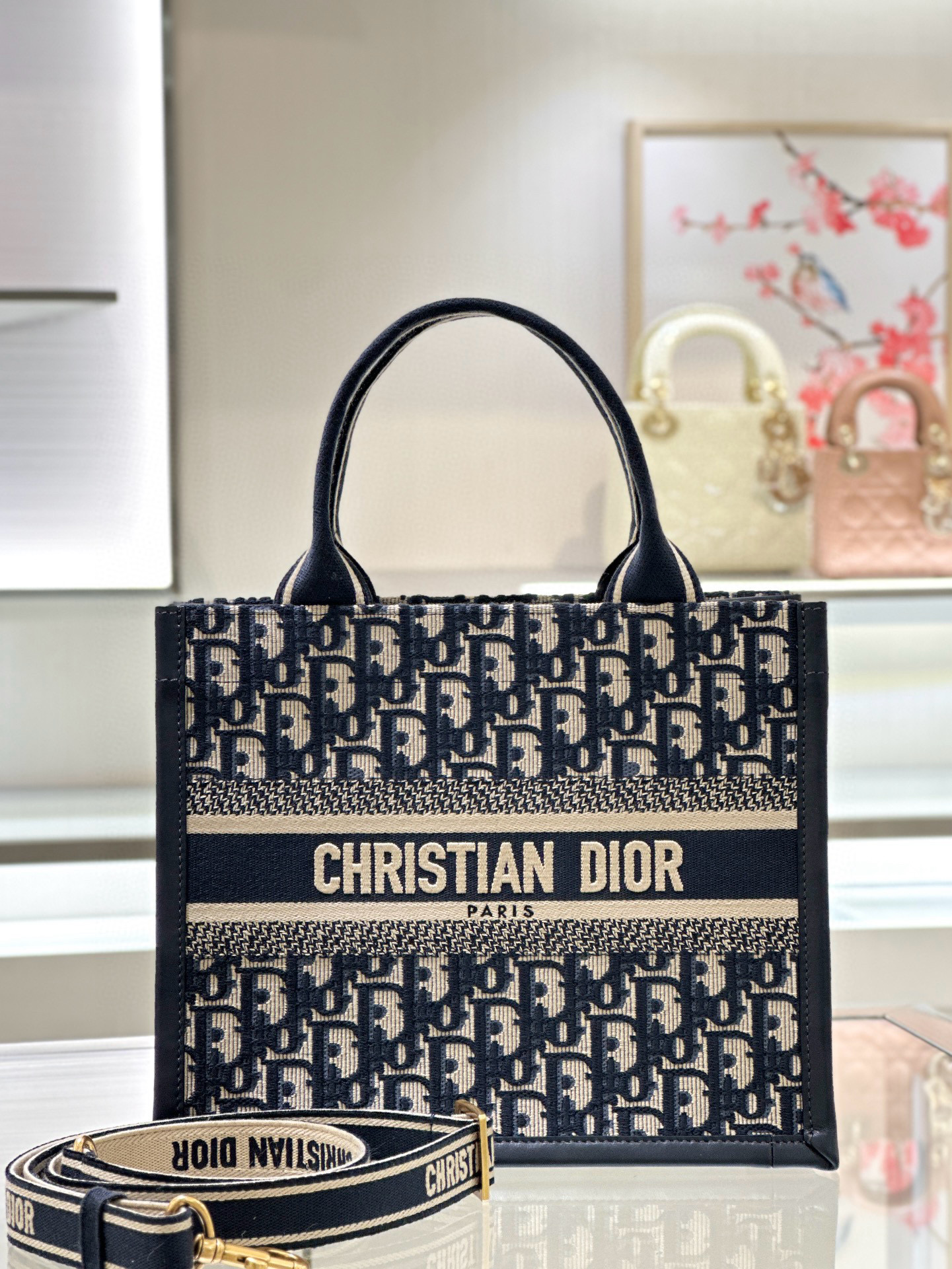 디올 Dior Small Dior Book Tote Oblique Jacquard Blue 26.5cm
