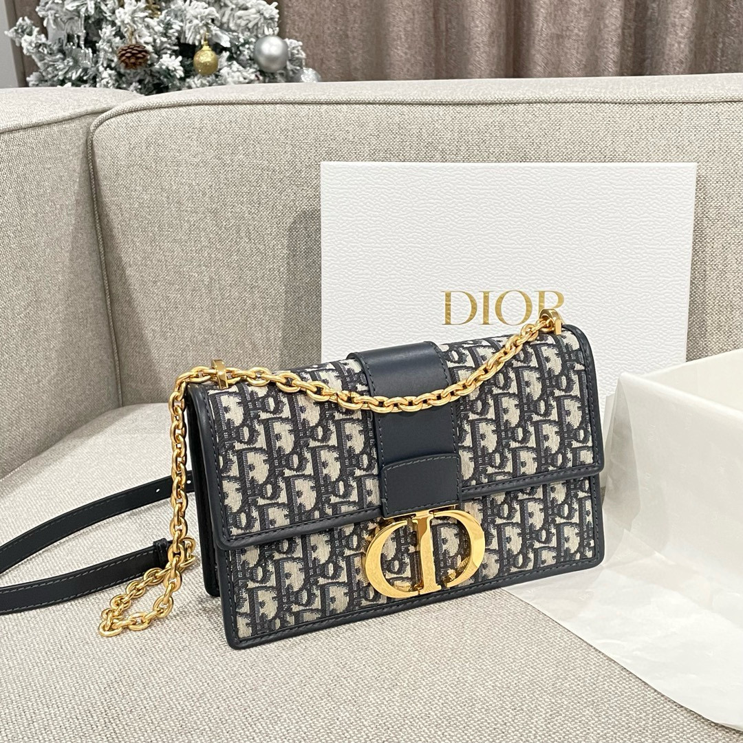 디올 Dior 30 Montaigne East-West Bag with Chain Oblique Jacquard Blue 25cm