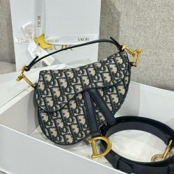디올 Dior Mini Saddle Bag with Strap Oblique Jacquard Blue 19cm