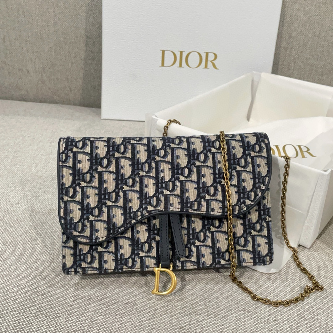 디올 Dior Saddle Pouch with Chain Oblique Jacquard Blue 22cm