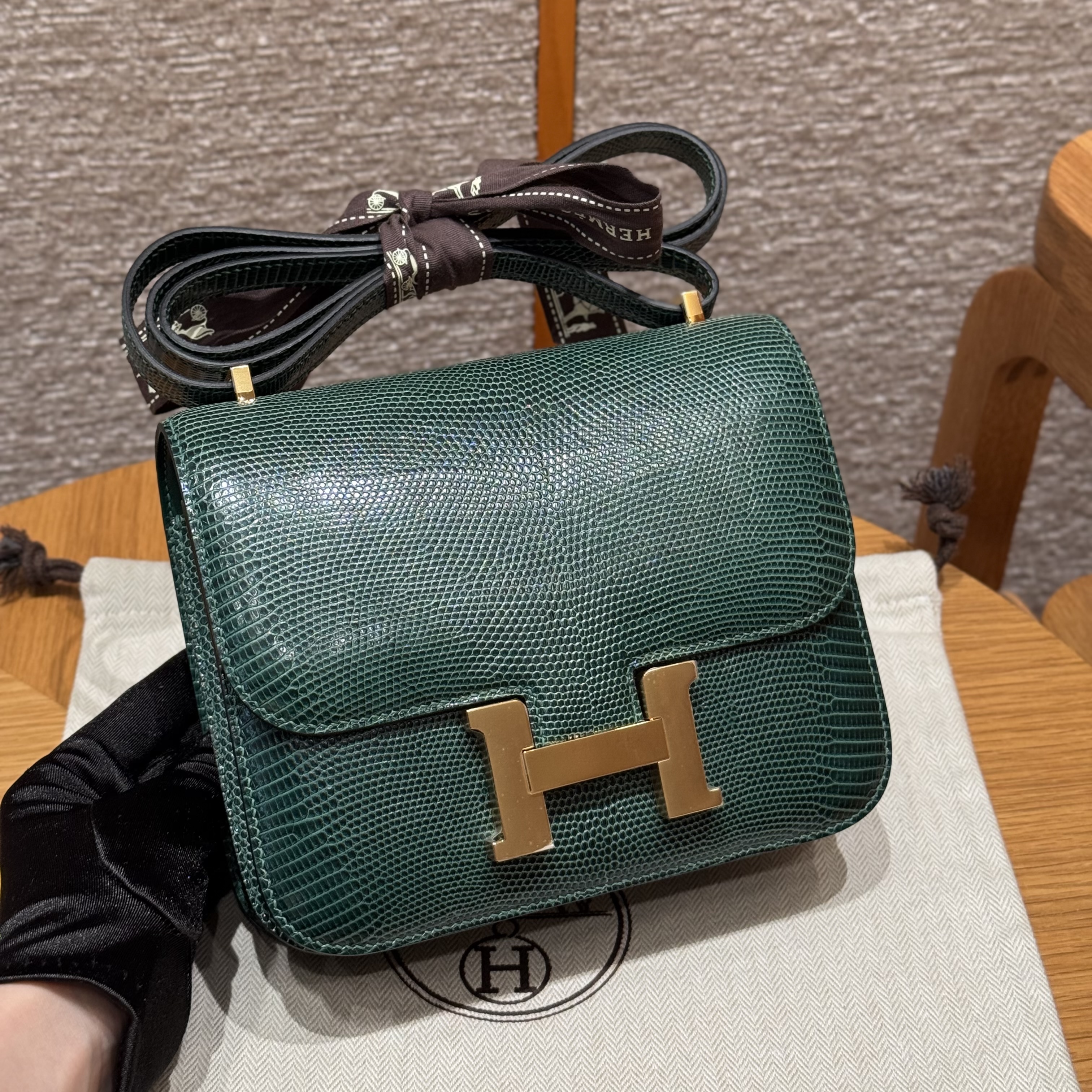 에르메스 Hermes Constance 19cm Lizard 60 Vert cypress/gold