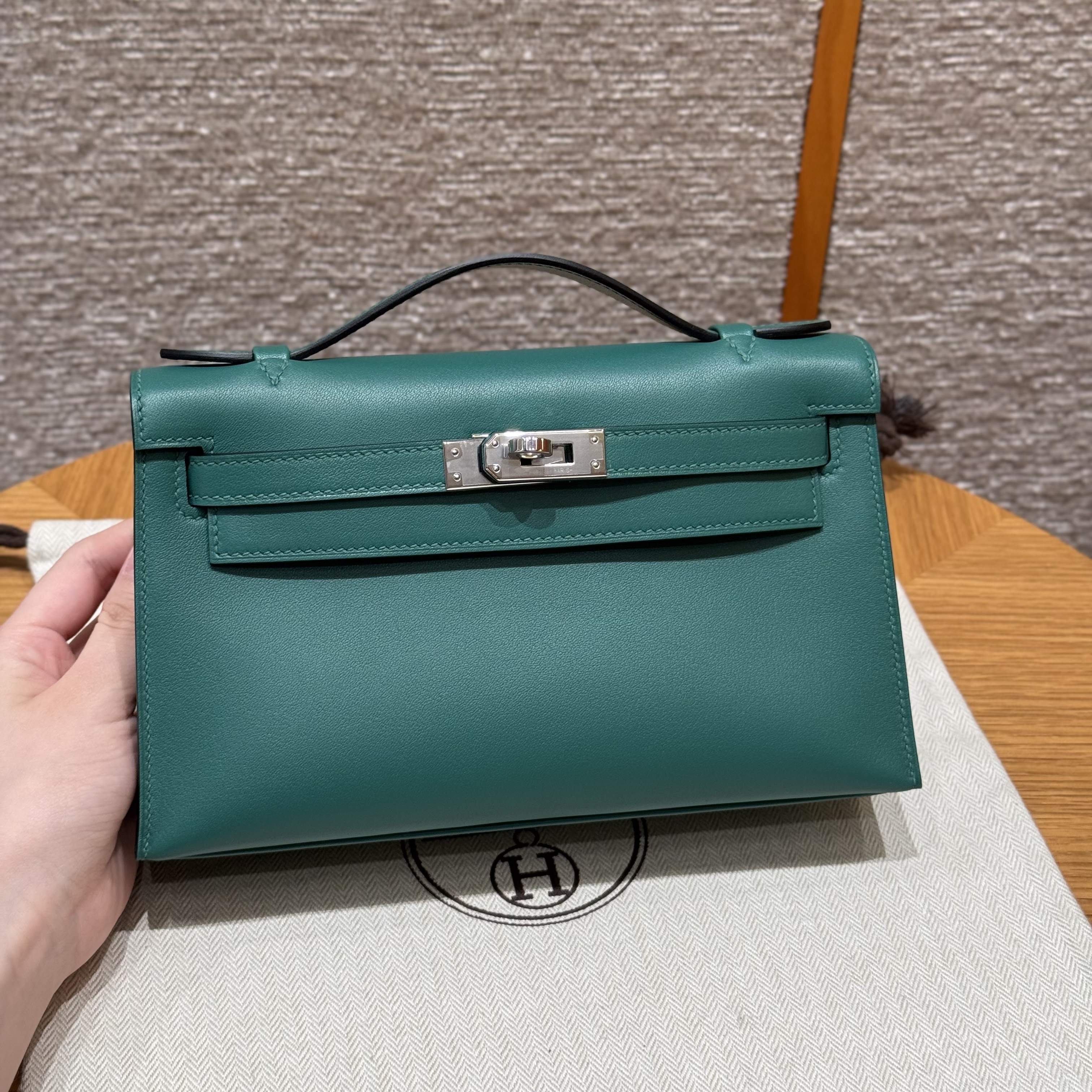 에르메스 Hermes Kelly Pochette 22cm Swift U4 Vert vertigo/silver