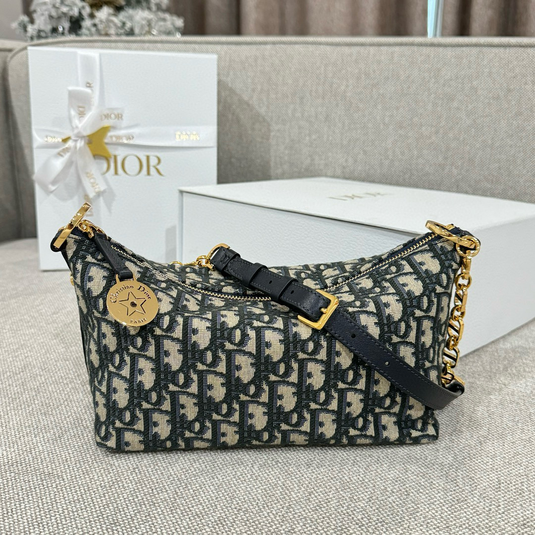 디올 Dior Diorstar Hobo Bag with Chain Oblique Jacquard Blue 22cm