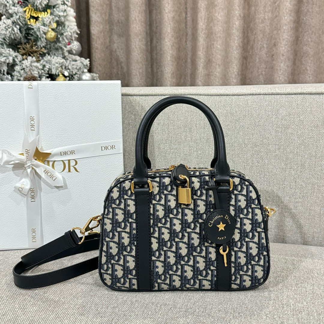 디올 Dior Medium D-Vibe Bowling Bag Oblique Jacquard Blue 25cm