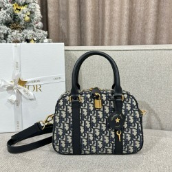 디올 Dior Medium D-Vibe Bowling Bag Oblique Jacquard Blue 25cm