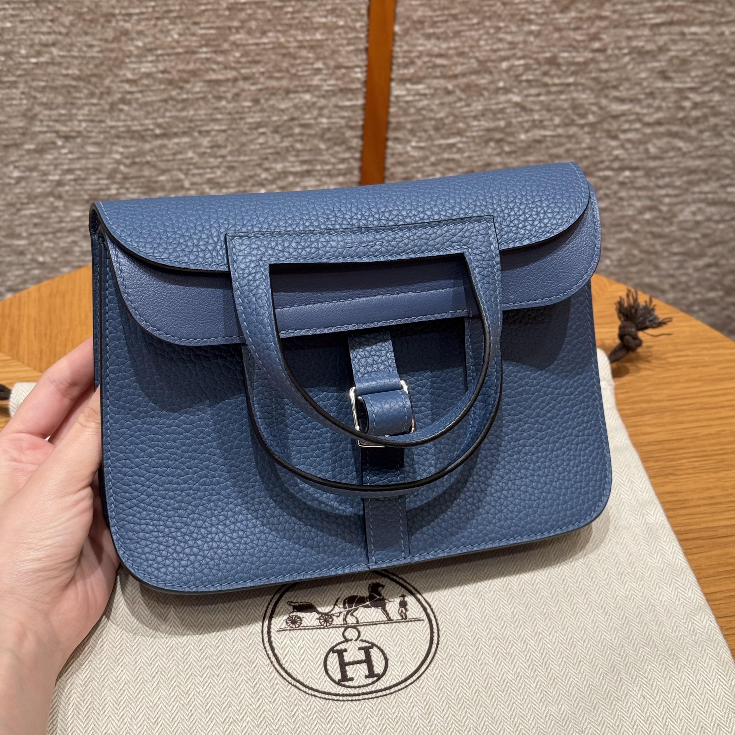 에르메스 Hermes Halzan 22cm clemence 7E Blue brighton/silver