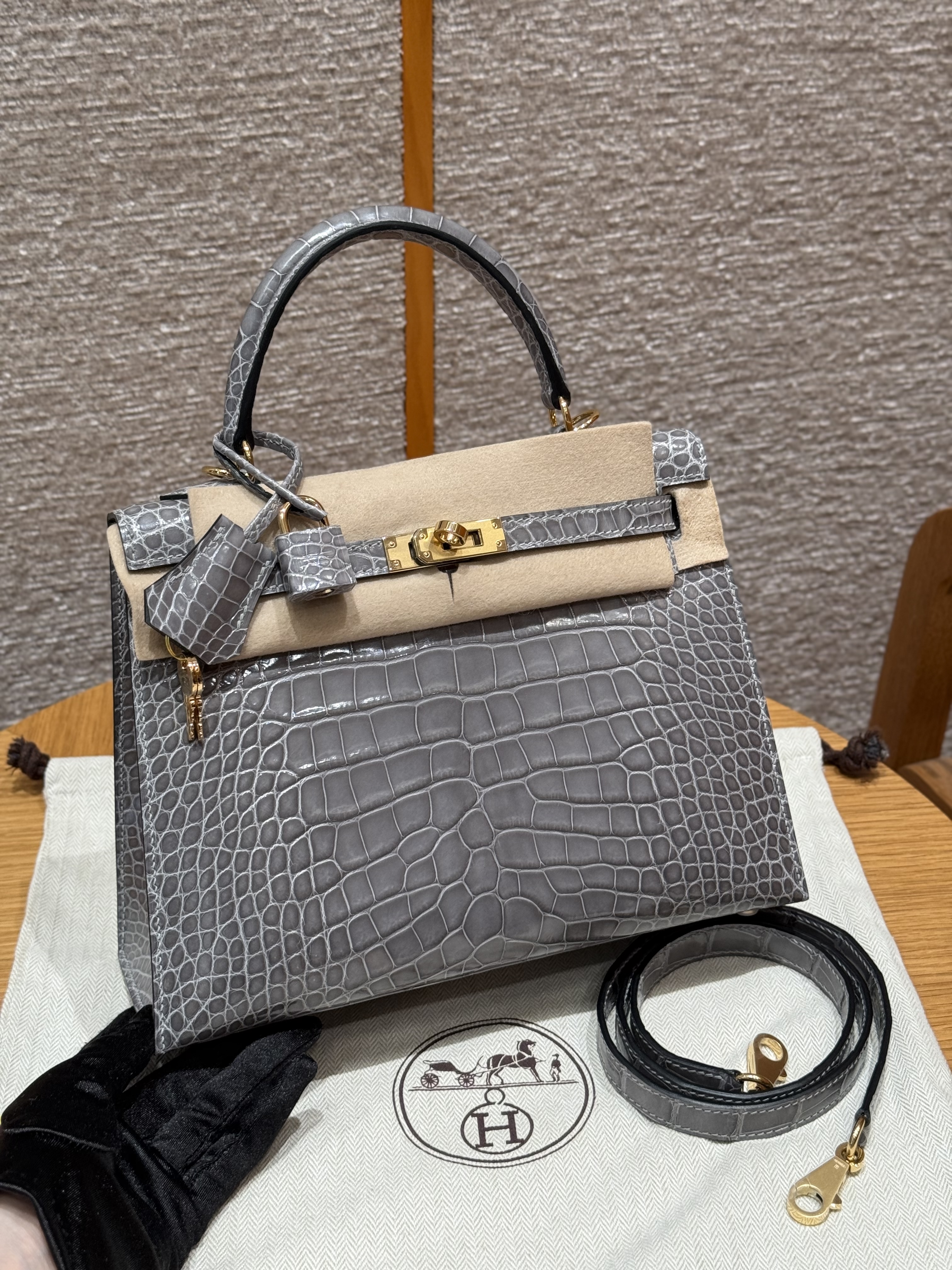 에르메스 Hermes Kelly 25cm Bright faced American Alligator 0V Gris Ciment/gold