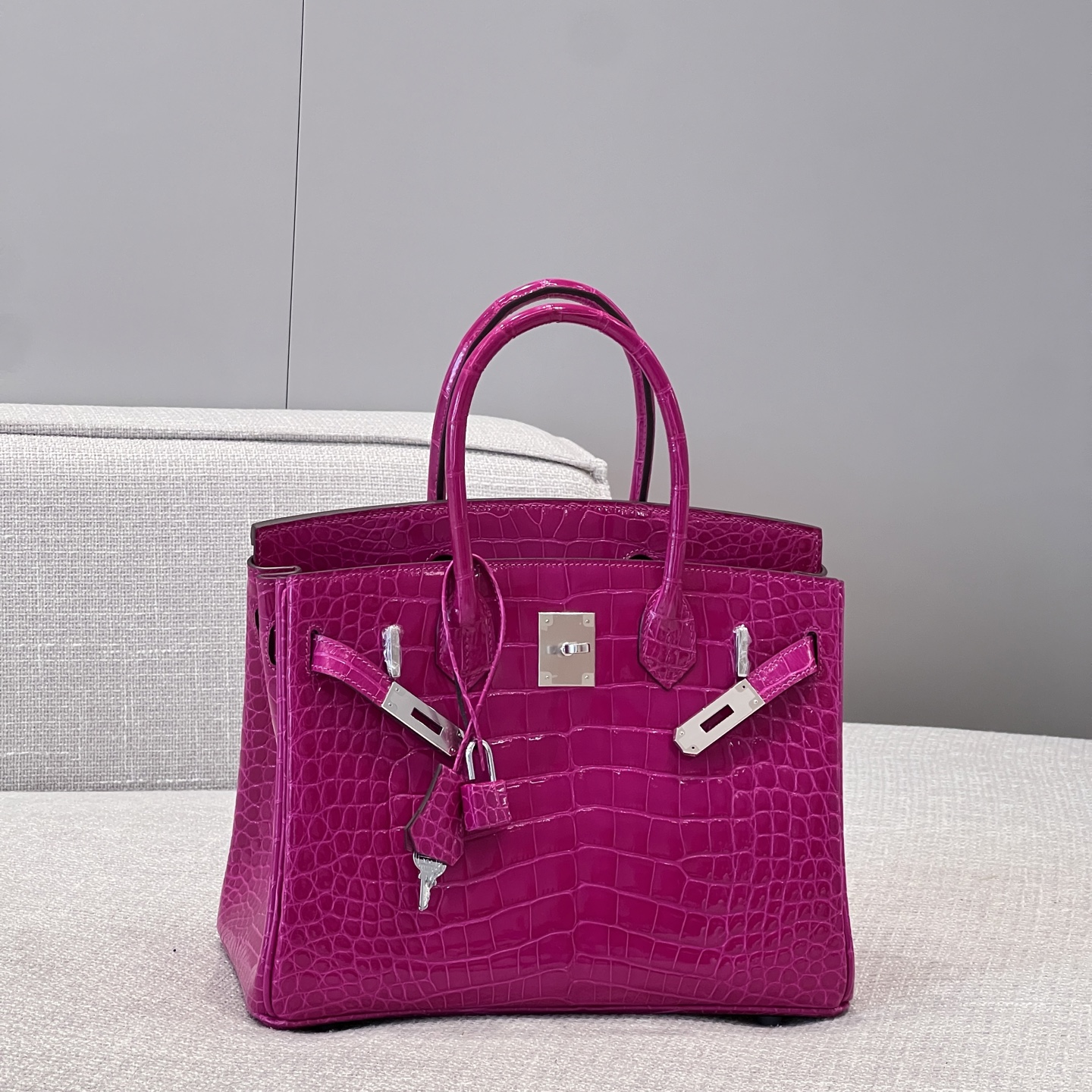 에르메스 Hermes Brikin 30cm France Hcp Alligator crocodile J5 Rose Scheherazade/silver