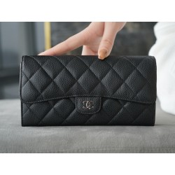 샤넬 Chanel Classic Long Flap Wallet Black silver 19.5cm