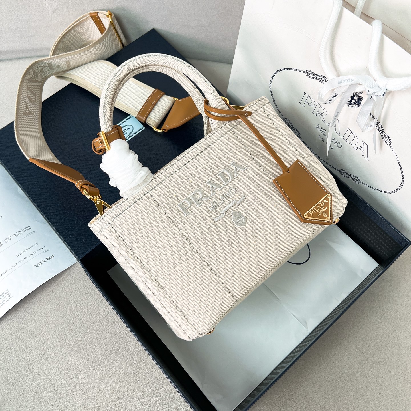 프라다 Prada 1BA378 코튼 캔버스 미니 핸드백 22cm