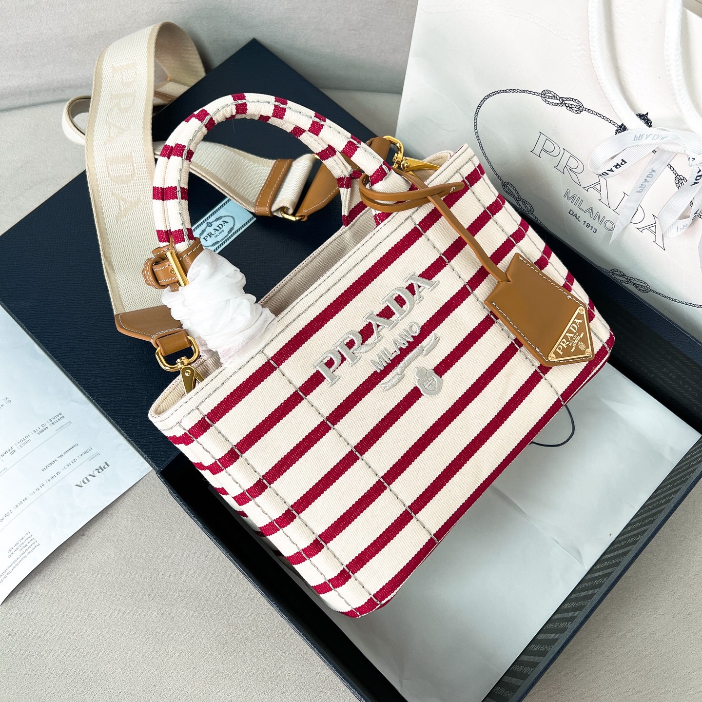프라다 Prada 1BA378 스트라이프 코튼 캔버스 미니백 22cm