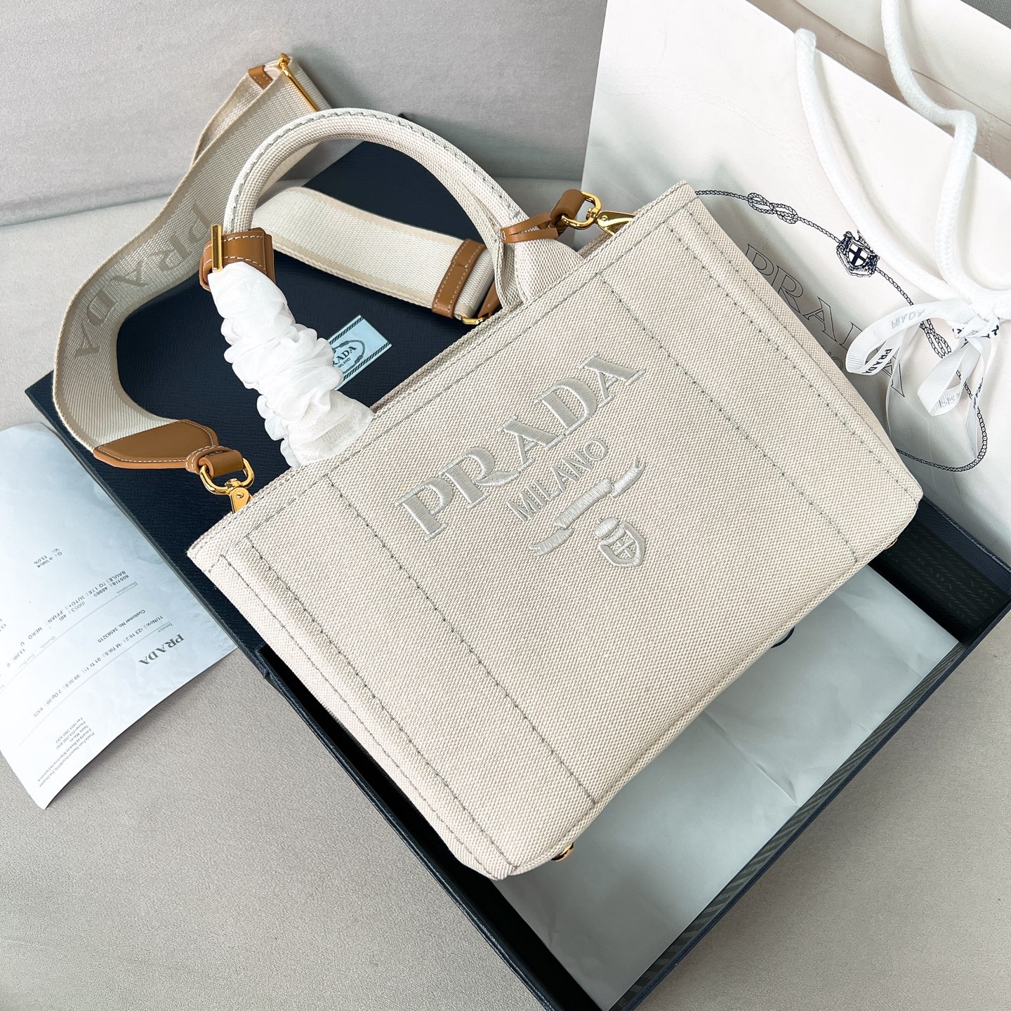 프라다 Prada 1BG464 스몰 코튼 캔버스 핸드백 26cm