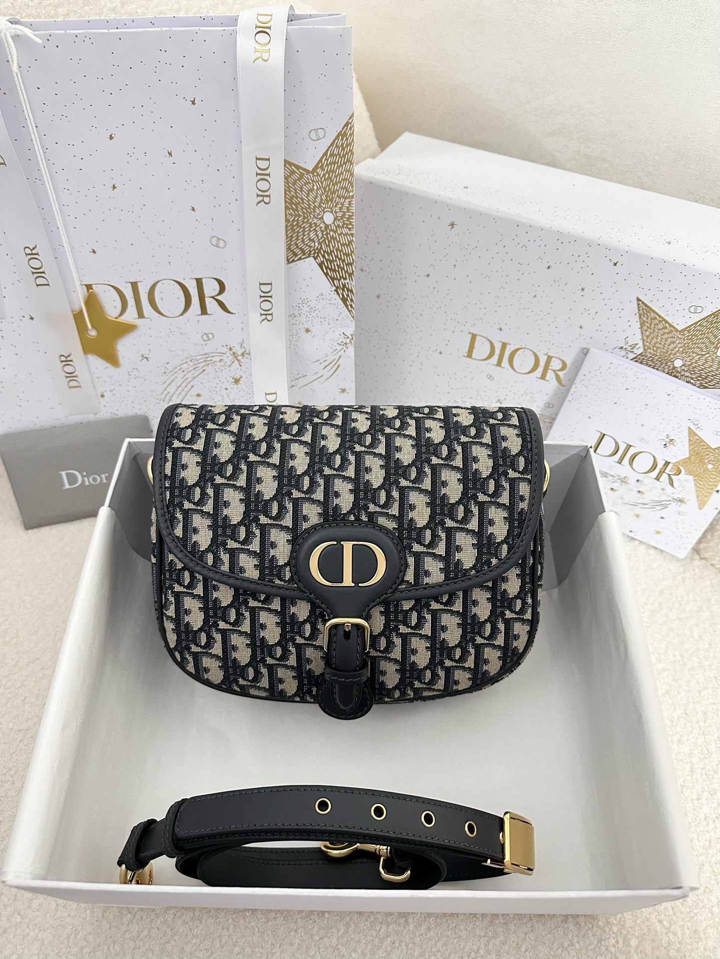 디올 Dior Medium Bobby Bag Oblique Jacquard Blue 22cm