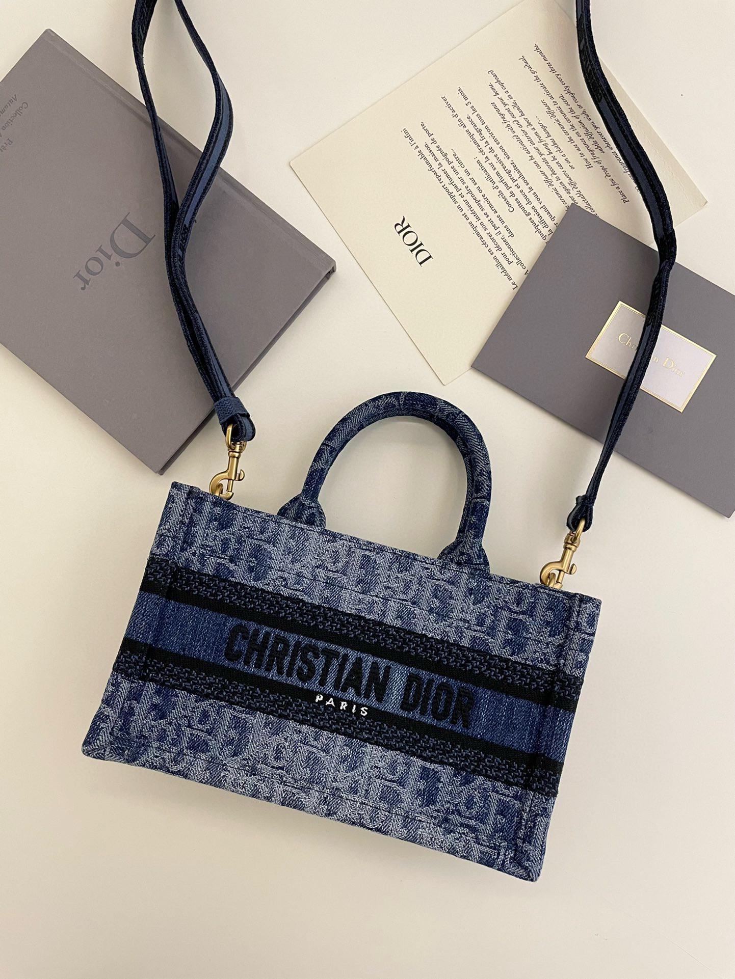 디올 Dior Mini Dior Book Tote Blue Denim Oblique Jacquard 21.5cm
