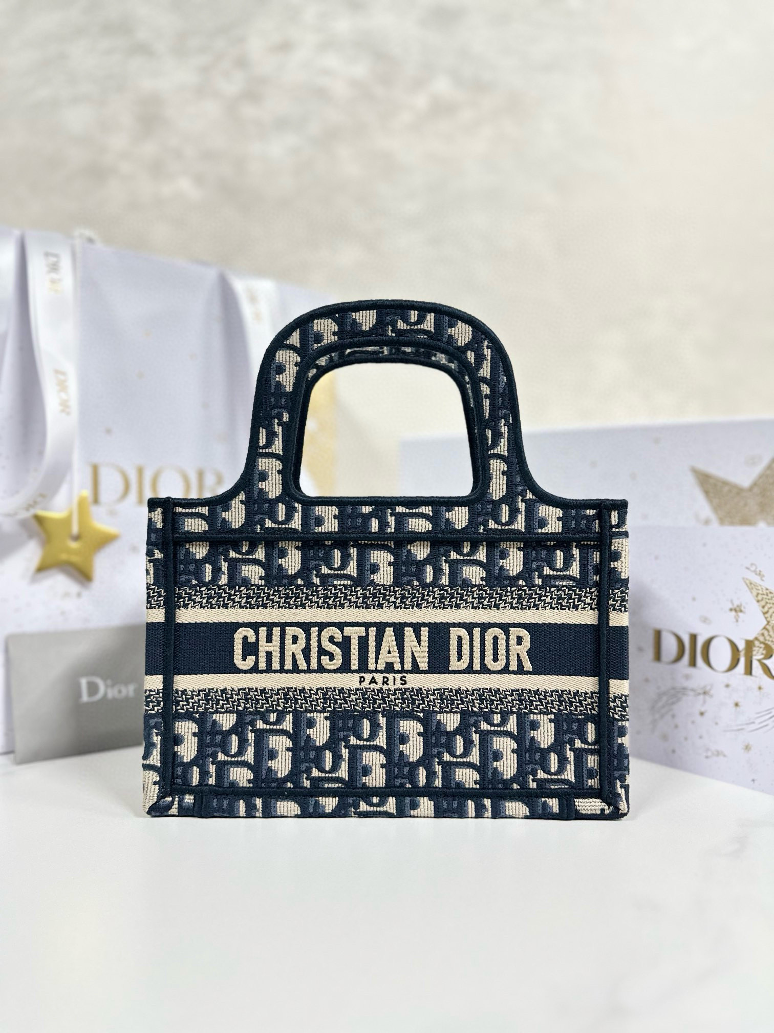 디올 Dior Mini Dior Book Tote Oblique Jacquard Blue 22.5cm