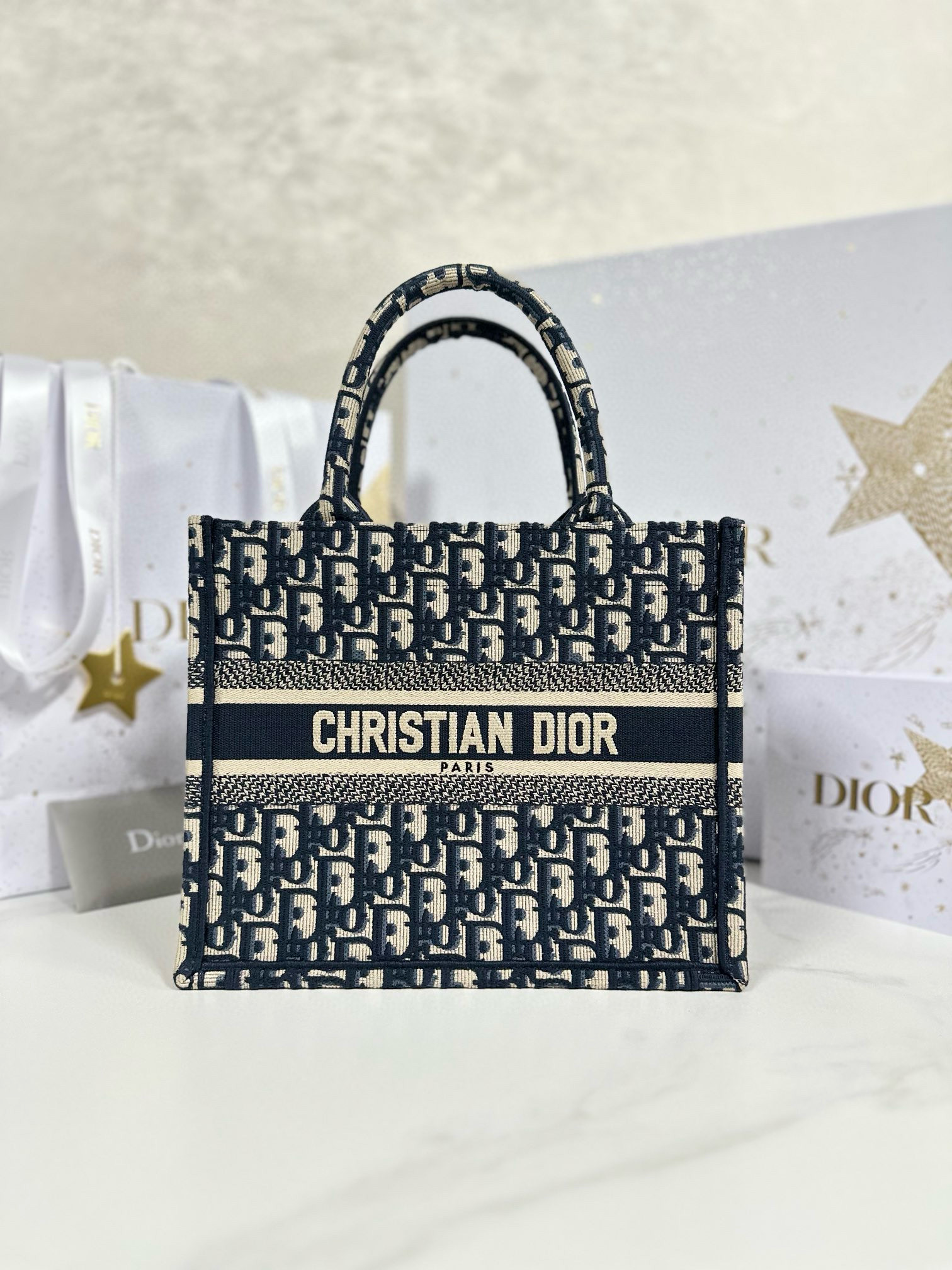 디올 Dior Small Dior Book Tote Oblique Jacquard Blue 26.5cm
