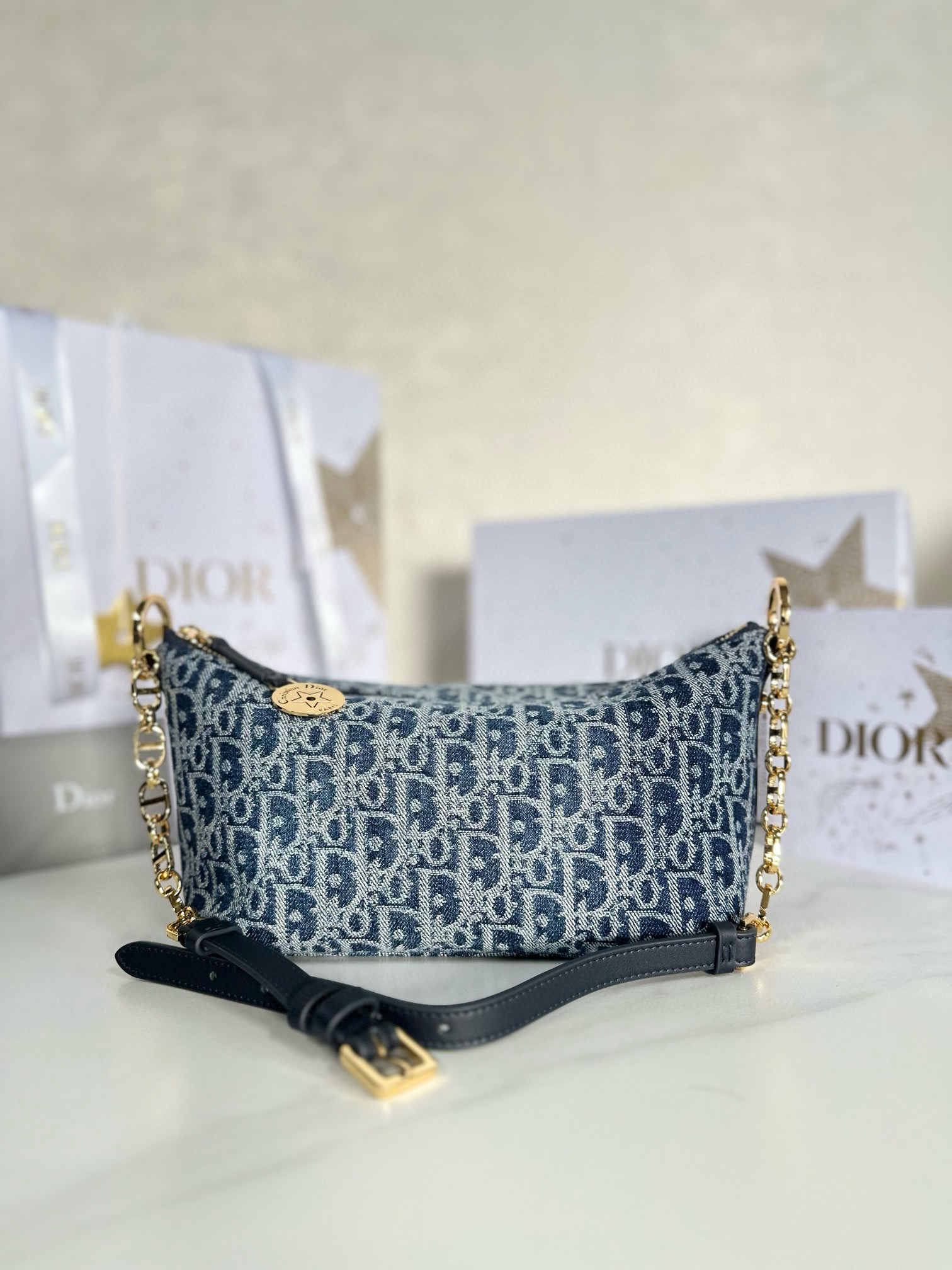 디올 Dior Diorstar Hobo Bag with Chain Blue Oblique 28.5cm