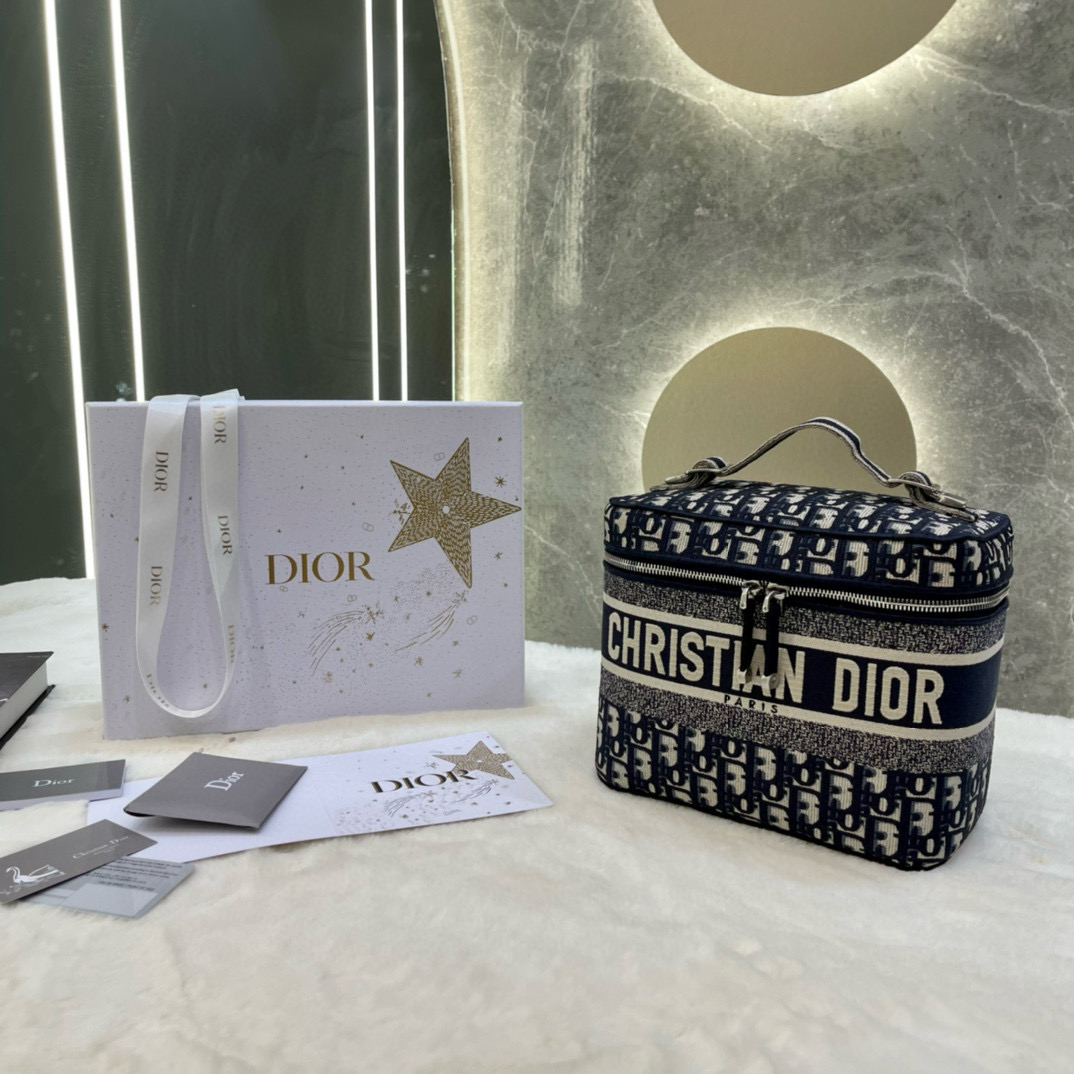 디올 Dior Travel Vanity Case Oblique Jacquard Blue 24cm