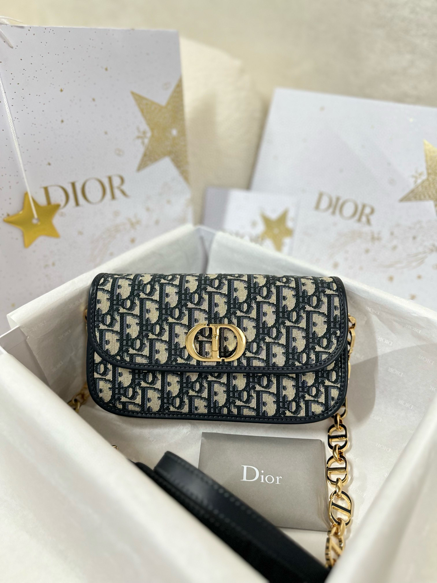 디올 Dior 30 Montaigne Avenue Bag Oblique Jacquard Blue 22.5cm
