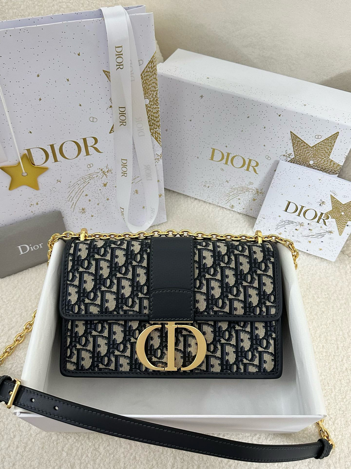 디올 Dior 30 Montaigne Chain Bag Oblique Jacquard Blue 25cm