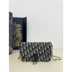 디올 Dior Medium Saddle Pouch with Chain Oblique Jacquard Blue 21.5cm